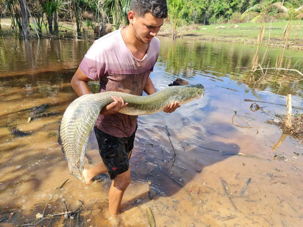 Un hombre joven caminando por un agua poco profunda, sosteniendo un pez grande en sus manos.